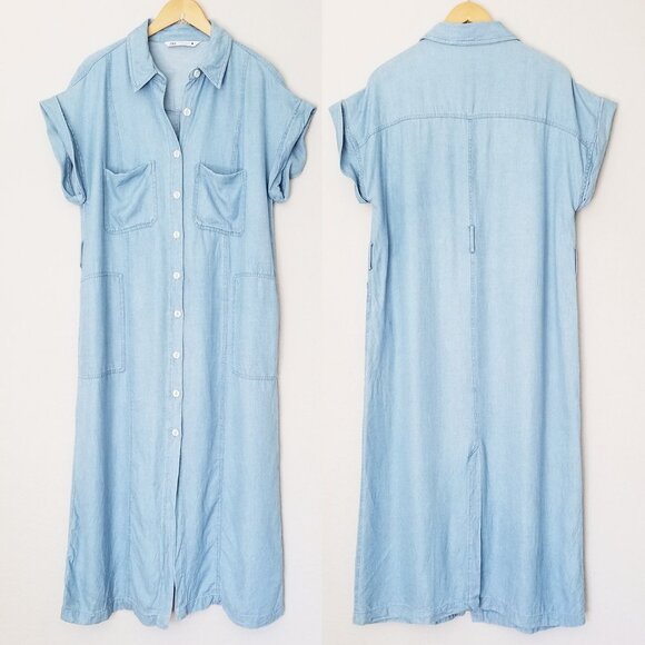 Zara Linen Blend Button Down Blue Chambray Midi Shirt Dress XL Soft Light Denim - Picture 15 of 16